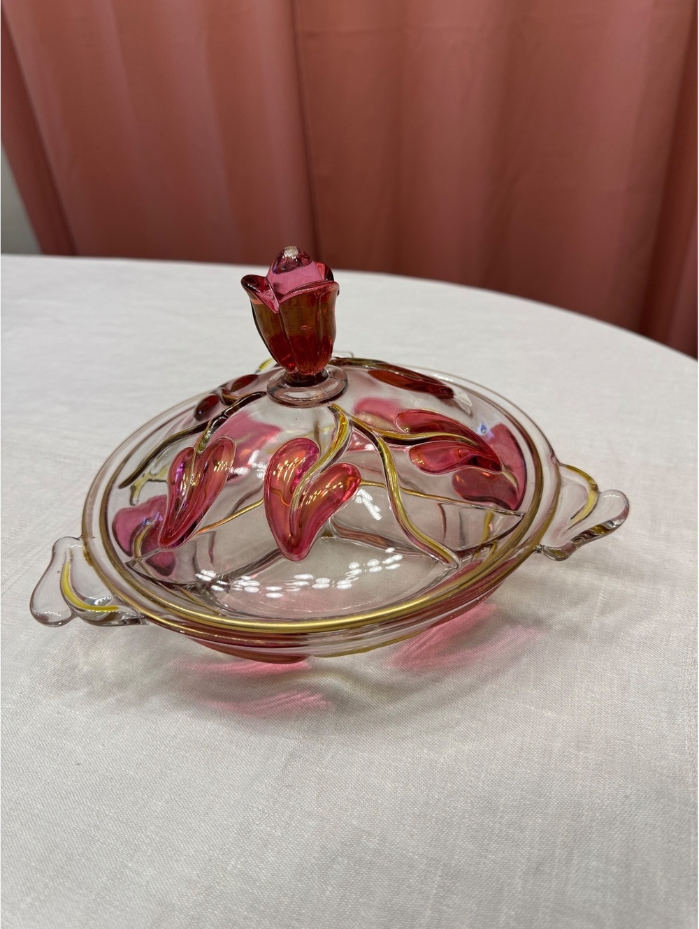 Vintage Duncan Miller Pink Tulip Divided Covered Serving Dish Gold Trim
